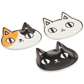 Ceramic Indigo Face Small Plate, Set of 3, Cat 3 Brothers, 23115, 3.5 x 3.7 x 0.6 inches (9 x 9.5 x 1.5 cm)