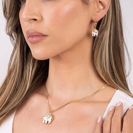 Barzel 18K Gold Plated Elephant Necklace & Earrings Set White- Made In Brazil
