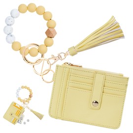 KNGITRYI Wallet Keychain Wristlet for Women,Slim RFID Credit Card Holder Purse Tassel Keychain Bangle Key Ring for Men Women (Classic, Yellow)