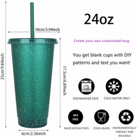 Yisituo 710ml Reusable Plastic Cups, 10 Pack Cold Cups with Lid and Straw, Tumblers Travel Mugs for Adults and Kids Party and Beach, Pool Gatherings (10, Glitter Dark Green)