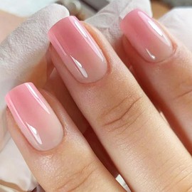 24Pcs Pink Ombr Press on Nails Glossy False Nail Medium Square Stick on Nail Simple Acrylic Full Cover Fake Nails Gradient Gel Glue on Fingernails for Holiday Manicure Art