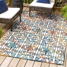 JONATHAN Y AMC111A-4 Cetara Ornate Trellis Indoor Outdoor Area Rug Bohemian Floral Easy Cleaning High Traffic Bedroom Kitchen Backyard Patio Porch Non Shedding, 4 X 6, Cream,Blue,Orange