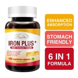 Lovita Iron 18 mg, 6 in 1 Iron Supplement for Women, Vitamin C, Dong Quai & B12, Vegan Vitamin to Support Red Blood Cell Production Without Constipation, 120 Capsules