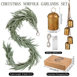 Fovths 1 Pack Christmas Norfolk Garlands Set 6 Feet Artificial Faux Greenery Garland 4 Cow Bell with Jute Hanging Rope Light String Winter Pine Garland for Xmas Indoor Holiday Decor, Green+White