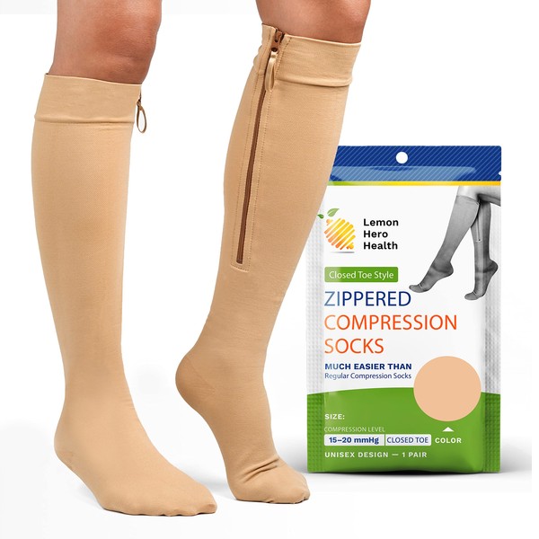Calcetines de compresión con cremallera de 15 a 20 mmHg, puntera cerrada con protección de la piel, calcetines de compresión médicos con cremallera para hombres y mujeres, 3XL, beige