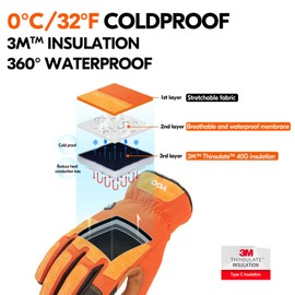 Vgo... Winter Work Gloves Waterproof Touchscreen in Leather, Thermal Safety Gloves for Light&Medium Duty in Cold Weather, 1 pair
