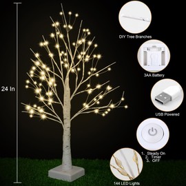 PXBNIUYA 144 LED Artificial Lamp with Timer, DIY Birch Tree With Lights, USB/Battery Powered, Fairy Light Spirit Tree for Table Home Wedding Bedroom Christmas (Warm White)