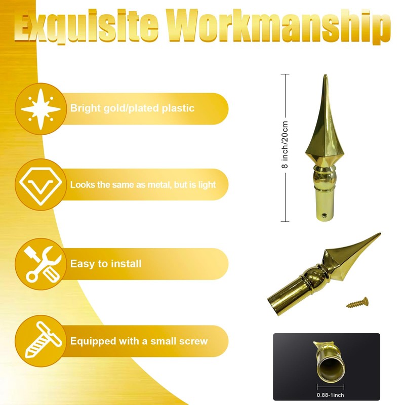 Spear Flag Pole Topper for Indoor 2-Pack, Gold Plastic Spear