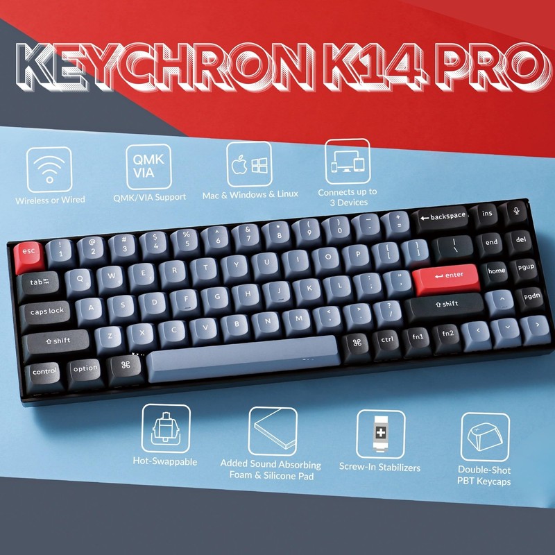 Keychron K14 Pro Wireless Custom Mechanical Keyboard, 70% TKL QMK/VIA