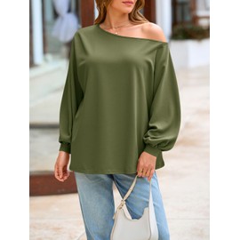 Cicy Bell Womens Oversized Off The Shoulder Tops Fall Casual Lantern Long Sleeve T Shirts Trendy Loose Fit Tunics Army Green