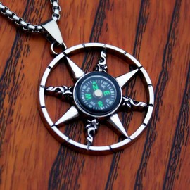 QUSIIOSLK Titanium Steel Silver Compass Necklace Map Rotatable Compass Necklace - Inspirational Nautical Dream Navigation Compass Pendant Necklaces Jewelry Gifts for Boys (A)
