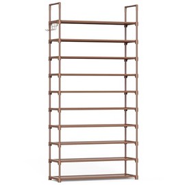 Kitsure Shoe Rack for Closet - 10-Tier Shoe Organizer with Hook Rack, Large-Capacity & Space-Saving Shoe Shelf for Entryway, Bedroom, Living Room,32.2" x 11.8" x 68.5", Brown