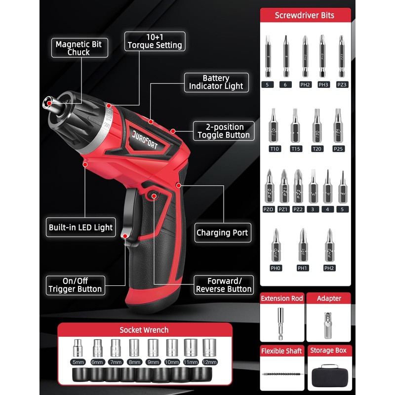 DuroFort Cordless Electric Screwdriver Set, 8V 10Nm Rechargeable Power Electric