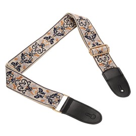 sourcing map Guitar Strap, Cotton Webbing Leather Ends Straps Vintage Embroidered 2" Wide Adjustable Straps with Light Gold Buckle for Acoustic, Electric, Bass Guitars, Beige-White Jacquard