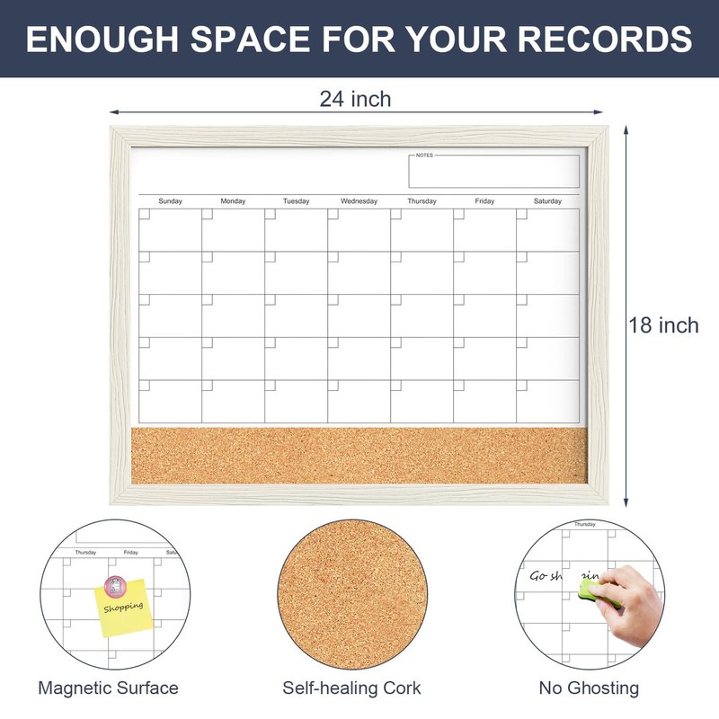 Calendar Whiteboard for Wall, 18x24 Inches Whiteboard Calendar Cork Board