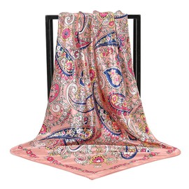 35 inches Silk Feeling Formal Large Square Neck Scarf Head Hair Wraps Handkerchief for Women Girls(Pink Cashew)