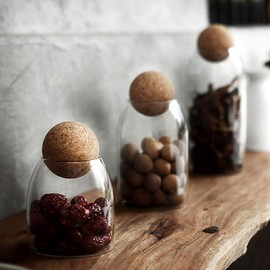 MOLADRI 1200ML/40Oz Clear Glass Storage Canister Holder Ball Wood Cork Top, Modern Decorative Cylinder Container Jar with Round Lid for Sugar, Coffee, Spice, Candy, Salt, Cookie, Condiment, Pepper