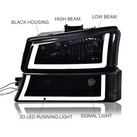 G-PLUS LED DRL Headlights, Compatible with 2003-2006 Chevy Avalanche 1500 2500/Silverado 1500 2500 3500 & HD Models Headlamp, Driver Side & Passenger Side, Smoky lens Black Housing Clear Reflector