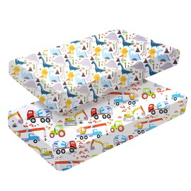 2 Pack Fitted Cot Bed Sheets 140 x 70cm for Girl Boys | Baby Bed Sheets | Easy Care Soft Cotton and Dureable, Unique Car & Dinosaur Pattern Baby Crib Mattress