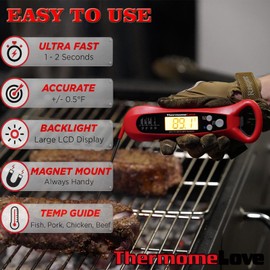 Thermomelove Digital Meat Thermometer with LCD Display,Waterproof,2-3s Response Time,for Cooking,Candy,Deep Fry,BBQ,Grill,Oil,Smoker and Roast,Camping & Kitchen Essentials(D1-red)