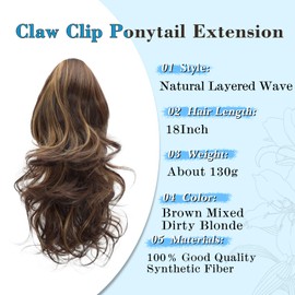 NAYOO Claw Clip Ponytail Extension Brown 18" Long Wavy Ponytail Clip in Hair Extensions for Women Curly Natural Layered Pony Tails for Short Thin Hair Synthetic Hairpiece(Brown Mixed Dirty Blonde)