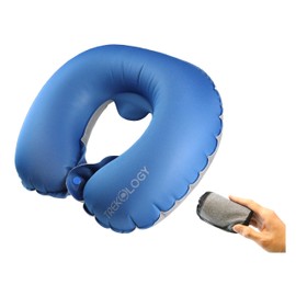 TREKOLOGY Inflatable Neck Pillow for Travel – Compact Ultralight Air Pillow with Button Inflation & Quick Deflate – Dual-Fabric Neck Support Cushion for Airplane, Car, Train, Bus