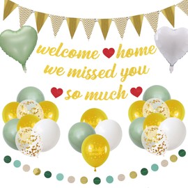 Welcome Home Decoration Green Gold - Welcome Home Decoration with Colourful Balloons Bunting and We Missed You Garland, Warm Welcome Decor for Family Party Baby Shower