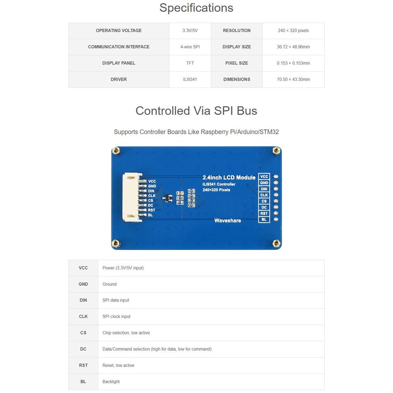 Waveshare 2.4 inch LCD, Compatible with Raspberry Pi 4B/3B+/3A+/3B/2B/1B+/1A+/Zero 2
