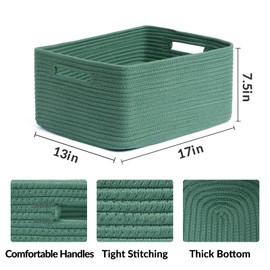 MiniArk Large Storage Baskets for Shelves, Closet Organizers and Storage Bins for Clothes Blanket Towels, Baby Nursery, Toy Baskets Box, Woven Rope Baskets, 17 x 13 x 7.5”, 3 Packs Green