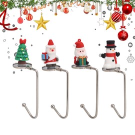 BRTNUP 4 PCS Christmas Stocking Hooks Stocking Holder Set Mantel Christmas Stocking Hangers Santa Xmas Tree Snowman for Fireplace Metal Stocking Hooks Clips for Christmas Party Decoration