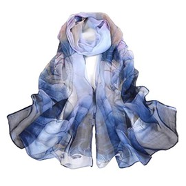 Fukufuku Women's Floral Chiffon Beach Scarf, Scarf, Large, Thin, Spring, Summer, Autumn, UV Protection & Cooling Protection, Sunscreen, Seaside, Lotus Print, blue