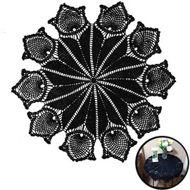 BIBITIME Lace Placemats Round Handmade Crochet Flower Doily Table Mat for Kitchen (Style02-Black, 1pc-31 inches to 32 inches)