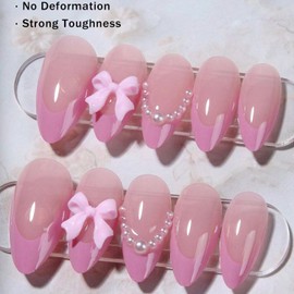 Purple French tip Press on Nails, Medium Almond Nails,Pink Bow Pearl Design,Charms False Nails Glue on Nails French Nails Press ons Cute Bow Full Cover Stick on Nails for Women DIY Manicure 24Pcs