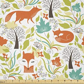 Ambesonne - Tela de dibujos animados de The Yard, lobo de zorro salvaje con hojas, flores y árboles sin hojas, tela de punto elástica para costura y manualidades artísticas, 2 yardas, naranja, verde y