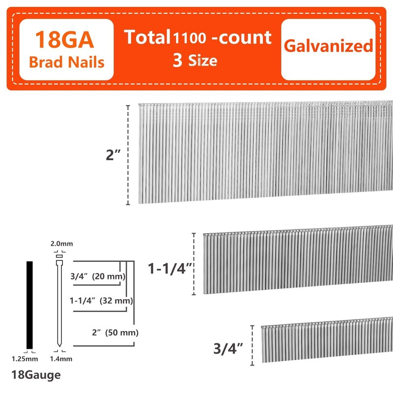 SITLDY 18 Gauge Galvanized Brad Nails 1100-Pack (3/4"-400, 1-1/4"-400, 2"-300