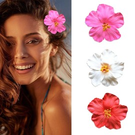 SOFISO 3Pcs Hawaiian Flower Hair Clips for Women 3.5 Inch Artificial Flower Clips Plumeria Hibiscus Hair Clip Beach Vacation Party Boho Hair Accessories for Women Girls(Red White and Pink)