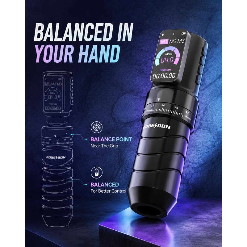 Poseidon Wireless Tattoo Gun Kit 7 Strokes 2300mAh Battery LED