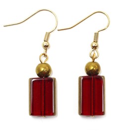 "Red Wine Lover" Wine Red Glass Rectangles with Goldtone Accents; Dangle 1.5 Inches