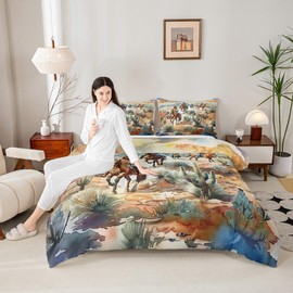 Western Cowboy Kids Bedding Set Queen Size,West Horse Desert Cactus Comforter Set，Vintage Tribal Retro Quilt Comforter,Yellow Green Bedroom Duvet Insert,2 Pillowcases