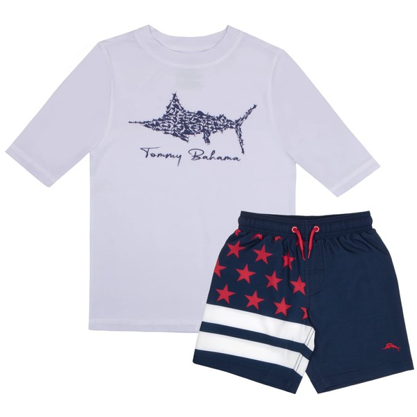 Tommy Bahama 2-Piece Swimsuit Set, Rash Guard & Swim Trunks 2-Pack Bundle Set for Boys and Toddlers (Size 7, Patriotic)