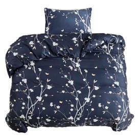 Lekesky Blue Single Duvet Cover Set Floral Flowers Printed Single Bedding Sets Blue (1x Duvet Cover, 1x Pillowcase) Microfiber Single Duvet Cover 135x200 cm, Dark Blue