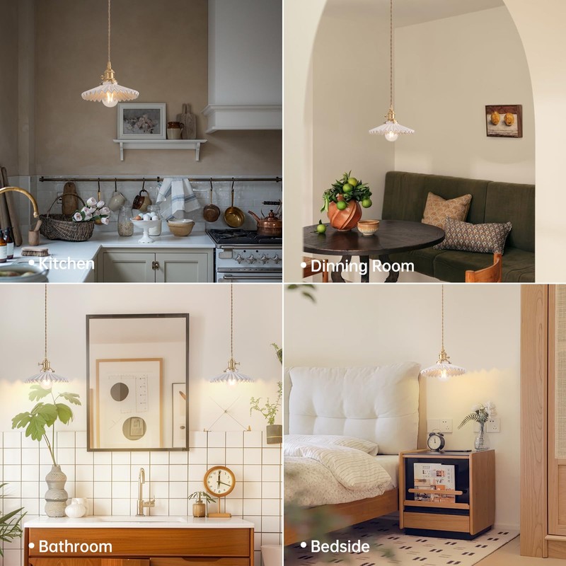 Shenmoyl Pendant Light with White Pleated Ceramic Lmapshade, Brass Vintage