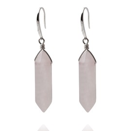White Gold Plated Sterling Silver Wire Wrapped Natural Rose Quartz Dangle Hook Earrings