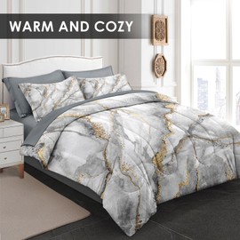 Pamnest Comforter Set Queen Size, Marble Black Gold Stone 7 Pcs Bedding for Kids and Adults, Gray Vintage Retro Bed Sheet Sets with Fitted Sheet 2 Pillowcases & 2 Shams for Bedroom Bed Decor