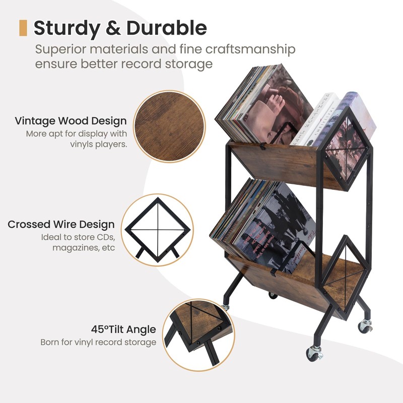 SwaaVee Vinyl Record Storage Holder with Wheels, 2-Tier Record Holder