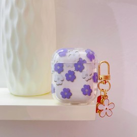 Faneiy for AirPods 2nd/1st Gen Case with Keychain,Cute Clear Purple Flower Floral Protective Earphone Cover Case,Soft Transparent TPU for AirPods 2 1 Case Women Girl