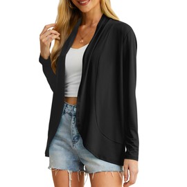Qixing Women Casual Lightweight Cardigan with Pocketes Long Sleeve Soft Draped Ruffles Open Front Cardigan Black-M