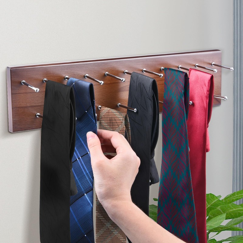 Tie Rack Wall Mounted, Wood Belt Hanger for Closet with