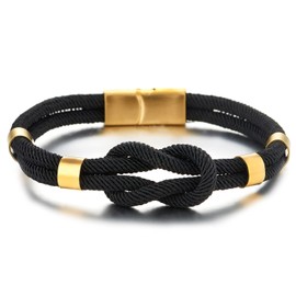 COOLSTEELANDBEYOND Friendship Nautical Knot Black Cotton Straps Double-Lap Wristband Bracelet, Gold Magnetic Clasp