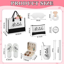 JaGely 9 Pcs Bride Gifts Set Bride Shower Bachelorette Gifts with Wine Tumbler Robe Bag Eyemask Scrunchie Jewelry Box (White,Bride)